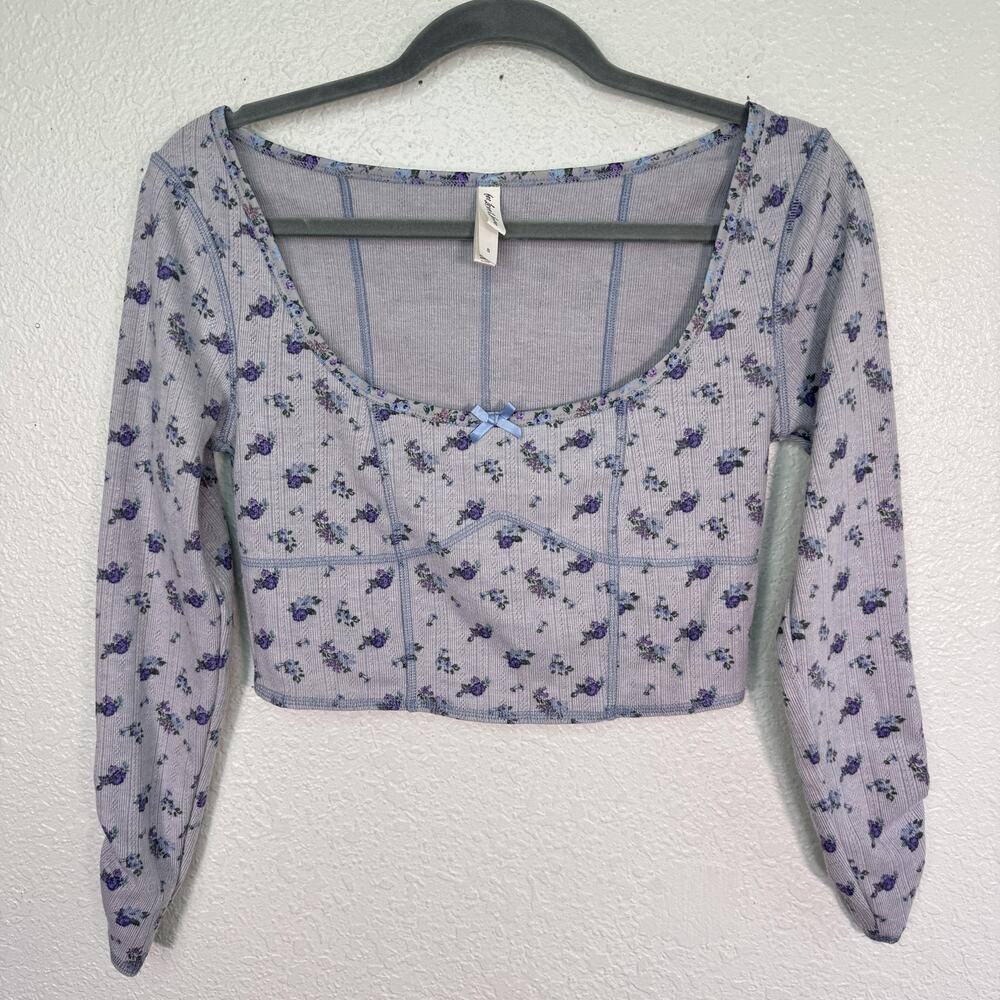 For Love & Lemons Top Womens Small Floral Ribbed Knit Crop Long Sleeve Pointelle